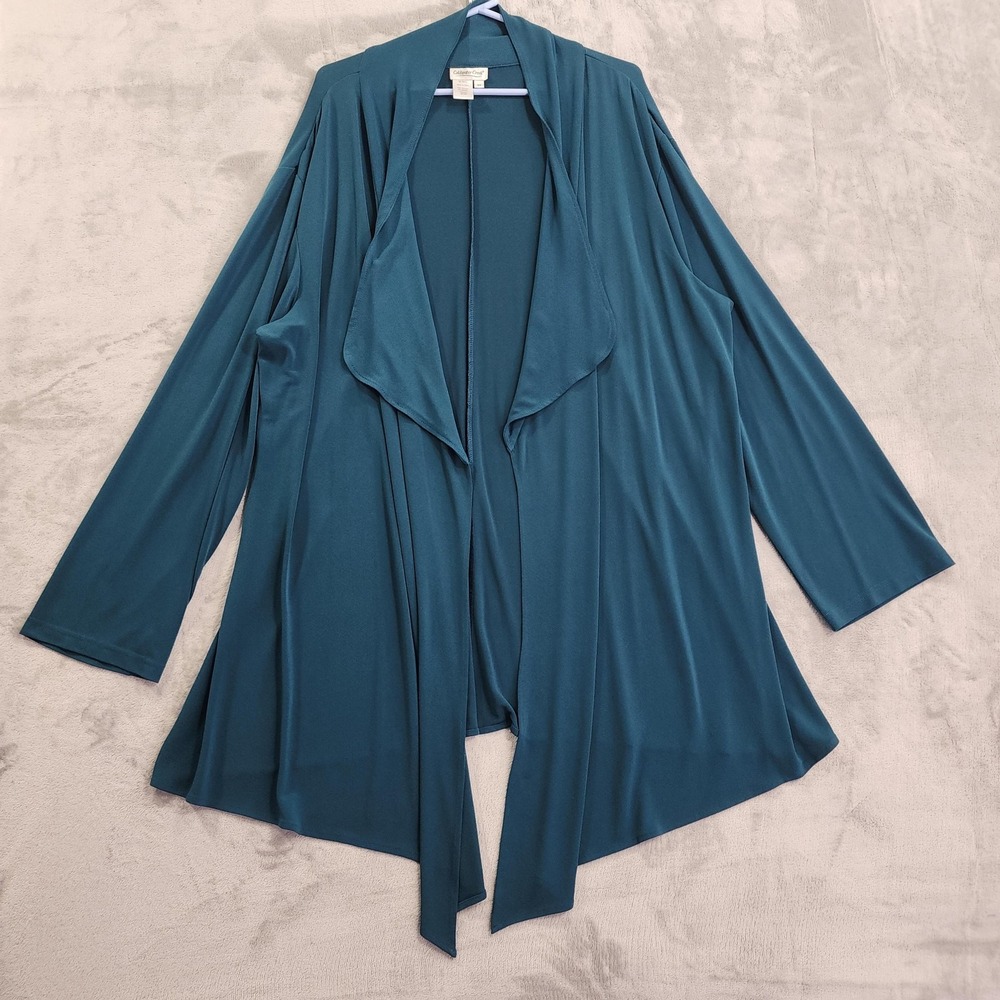 Coldwater Creek Cardigan Womens 3X Blue Teal Open Front Drape Hem‎ Stretch Knit